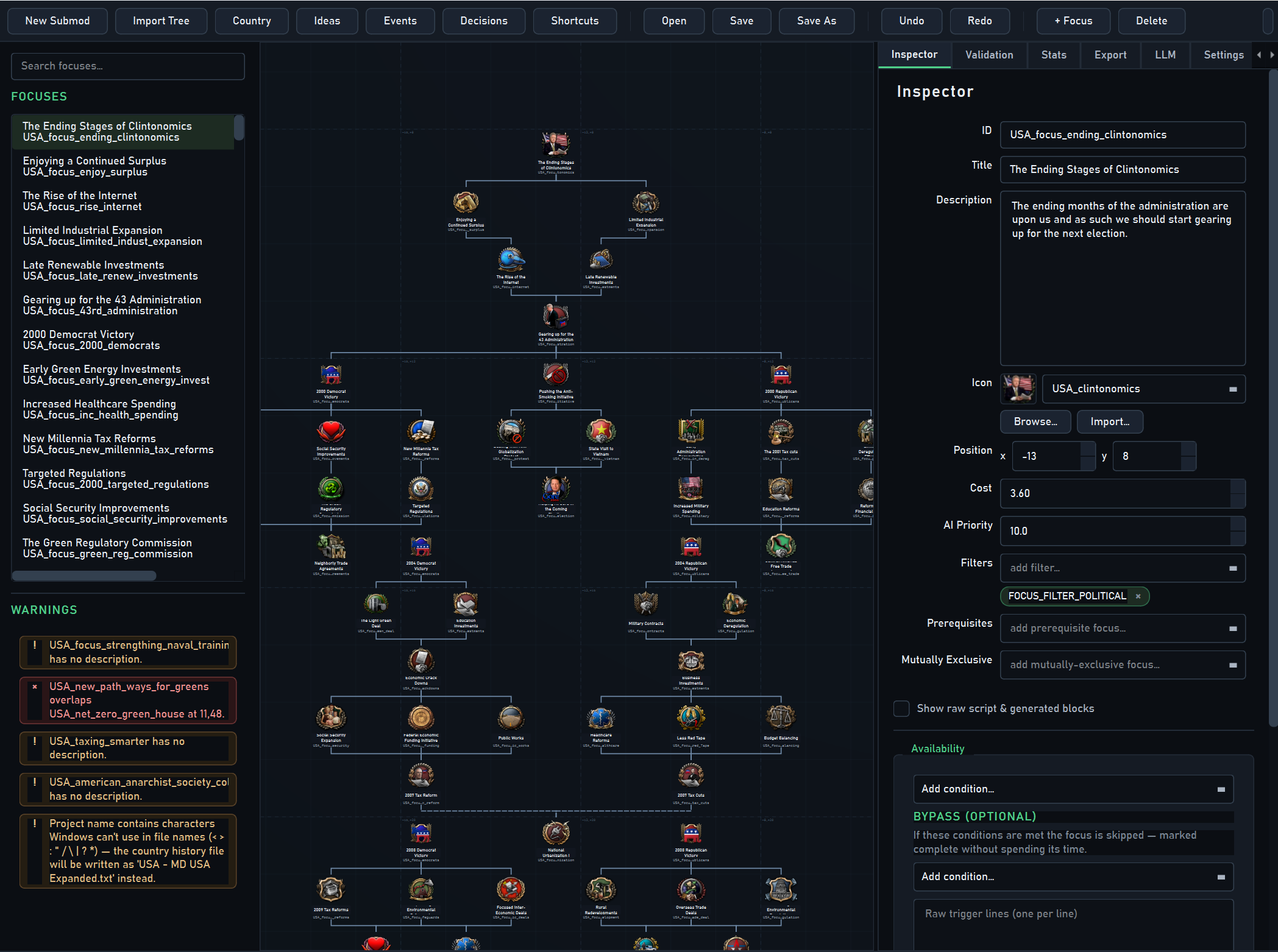 The Focus Forge editor: a USA focus tree on the canvas with real in-game icons, the focus list on the left and the inspector on the right